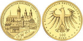GEDENKMÜNZEN. J. 621 
100 Euro 2017 D, Luthergedenkstätten Eisleben und Wittenberg. Gold in Originalverpackung mit Zertifikat, St