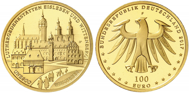 GEDENKMÜNZEN. J. 621 
100 Euro 2017 F, wie vorher. Gold in Originalverpackung m...