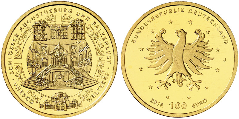 GEDENKMÜNZEN. J. 632 
100 Euro 2018 J, Schlösser in Brühl. Gold in Originalverp...