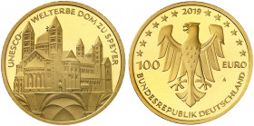 GEDENKMÜNZEN. J. 644 
100 Euro 2019 A, Dom zu Speyer. Gold in Originalverpackung mit Zertifikat, St