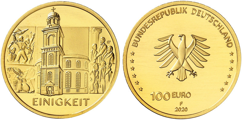 GEDENKMÜNZEN. J. 655 
100 Euro 2020 F, Säulen der Demokratie, Einigkeit. Gold i...