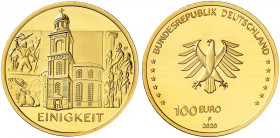 GEDENKMÜNZEN. J. 655 
100 Euro 2020 F, Säulen der Demokratie, Einigkeit. Gold in Originalverpackung mit Zertifikat, St