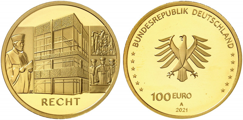 GEDENKMÜNZEN. J. 667 
100 Euro 2021 A, Säulen der Demokratie, Recht. Gold in Or...