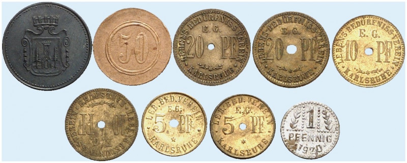 Karlsruhe. 
Lot von 9 Stück: Lebens-Bedürfnis- Verein. 5, 10, 20 Pfennig o. J. ...