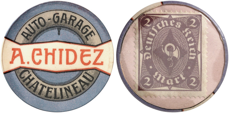 AUSLAND. BELGIEN. Chatelineau. A. Chidez 
Zelluloid, 2 Mark Posthorn, MUG rosa....