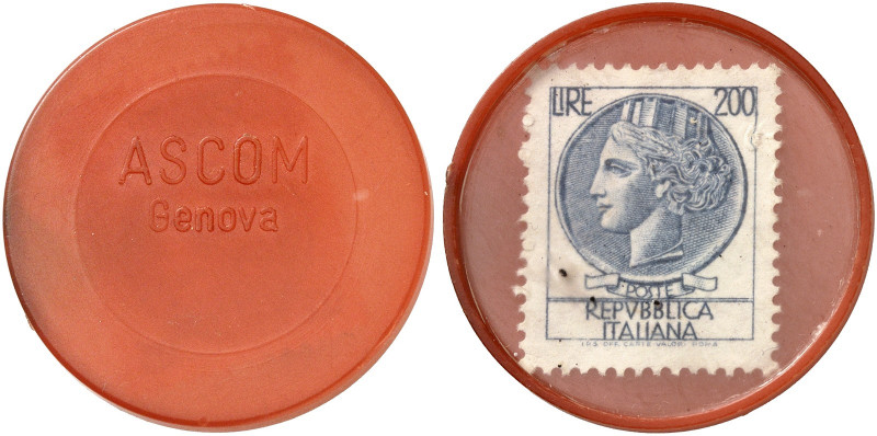 AUSLAND. ITALIEN. Genua. Ascom 
Plastik, 200 Lire, MUG rot. vz