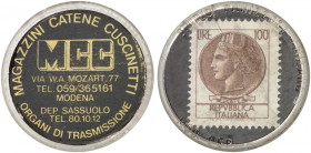AUSLAND. ITALIEN. Modena. Magazzini Catene Cuscinetti 
Plastik, 100 Lire, MUG schwarz. kl. Sprung in der Kapsel, ss