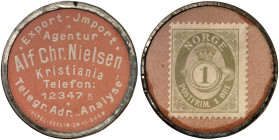 AUSLAND. NORWEGEN. Kristiania. Alf Chr. Nielsen 
Lot von 2 Stück: Metallrand, 1 Öre Ziffer, MUG rosa. Slg. Noir - f. vz