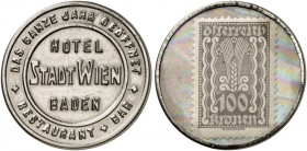 AUSLAND. ÖSTERREICH. Baden. Hotel Stadt Wien 
Zinkhülle vernickelt, 100 Kronen, MUG perlmatt. Menzel 1176.6, Slg. Noir - vz