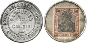 DEUTSCHLAND. Aschersleben. Ascherslebener Bank, Rasmussen & Co. 
Aluminium, 50 Pfennig Germania, MUG grün. Menzel 808.4 vgl., Slg. Noir - min. korrod...