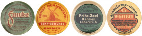 DEUTSCHLAND. Barmen. 
Lot von 4 Stück. W. Giebel, Zelluloid, 5 Pfennig Ziffer, MUG braun, Weinhaus Funke, Fritz Joel, Ernst Quambusch, Zelluloid, 10 ...