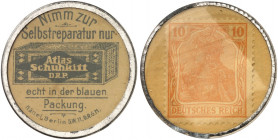 DEUTSCHLAND. Berlin. Atlas Schuhkitt 
Metallbrand, 10 Pfennig Germania, MUG gelb. Menzel 2289.2, Slg. Noir 30 f. Kr., vz