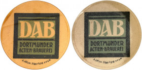 DEUTSCHLAND. Dortmund. DAB 
Lot von 2 Stück: Zelluloid, 10 Pfennig Germania, MUG braun, gelb. Menzel 5405.7, 8, Slg. Noir - vz