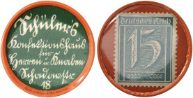 DEUTSCHLAND. Düsseldorf. Konfektionshaus Schüler 
Zelluloid, 15 Pfennig Ziffer, MUG rot. Menzel 5926.- , Slg. Noir - R ! vz