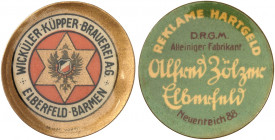 DEUTSCHLAND. Elberfeld. Wicküler-Küpper-Brauerei A. G. 
Lot von 3 Stück: Zelluloid, 20, 50 Pfennig Germania, MUG rot, grün, Alfred Zölzer, 5 Pfennig ...