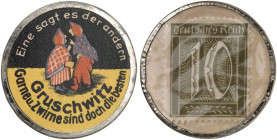 DEUTSCHLAND. Neusalz. Gruschwitz Garne. 
Metallrand, 10 Pfennig Ziffer, MUG weiß. Menzel 18614.1, Slg. Noir 230 vz