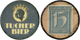 DEUTSCHLAND. Nürnberg. Tucher Bier. 
Lot von 2 Stück: Zelluloid, 5, 15 Pfennig Ziffer, MUG grün, gelb. Menzel 19328.1 Var, 3, Slg. Noir - vz
