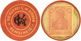 DEUTSCHLAND. Remscheid. C. W. Kipper. 
Zelluloid, 40 Pfennig Germania, MUG grün. Menzel 21477.3, Slg. Noir 244 vz
