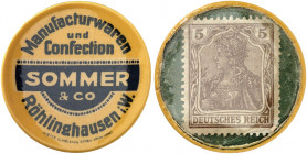 DEUTSCHLAND. Röhlinghausen. Sommer & co. 
Zelluloid, 5 Pfennig Germania, MUG grün. Menzel 21744.1, Slg. Noir - Folie gebrochen, vz