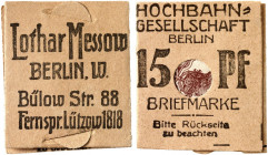 DEUTSCHLAND. Berlin. 
Lot von 2 Stück: Hochbahngesellschaft, 15 Pfennig Germania, Lothar Messow, 15 Pfennig Ziffer. Tieste 125.21, 170.2 kleiner Falt...