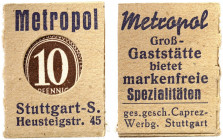 DEUTSCHLAND. Stuttgart. Metropol 
10 Pfennig in Caprez-Hülle. Schöne 6461, Slg. Noir 649 (2 Pfg) kassenfrisch