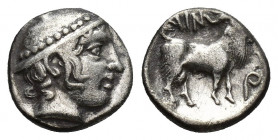 THRACE, Ainos. (Circa 427/6-425/4 BC). AR Diobol.
Obv: Head of Hermes right, wearing petasos.
Rev: AIN.
Goat standing right; tendril to right.
May Gro...