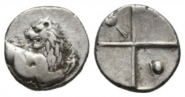 THRACE, Chersonesos. (Circa 386-338 BC). AR Hemidrachm.
Obv: Forepart of lion right, head left.
Rev: Quadripartite incuse square with alternating rais...