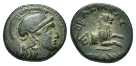 KINGS OF THRACE (Macedonian). Lysimachos (305-281 BC). Ae.
Obv: Helmeted head of Athena right.
Rev: ΒΑΣΙΛΕΟΣ / ΛΥΣΙΜΑΧΟΥ.
Forepart of a lion right....
