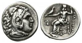 KINGS OF MACEDON. Philip III Arrhidaios (323-317 BC). AR Drachm. Lampsakos.
Obv: Head of Herakles right, wearing lion skin.
Rev: ΦIΛIΠΠOY.
Zeus seated...