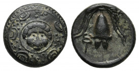 KINGS OF MACEDON. Philip III Arrhidaios (323-317 BC). Ae 1/2 Unit. Salamis.
Obv: Macedonian shield with gorgoneion on boss.
Rev: [B A].
Macedonian hel...
