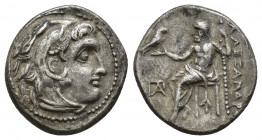 KINGS OF MACEDON. Alexander III 'the Great' (336-323 BC). AR Drachm.
Obv: Head of Herakles right, wearing lion skin.
Rev: AΛΕΞΑΝΔΡΟΥ.
Zeus seated left...