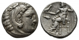 KINGS OF MACEDON. Alexander III 'the Great' (336-323 BC). AR Drachm. Kolophon.
Obv: Head of Herakles right, wearing lion skin.
Rev: [AΛEΞANΔPOY].
Zeus...