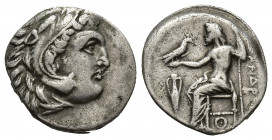 KINGS OF MACEDON. Alexander III 'the Great' (336-323 BC). AR Drachm. Lampsakos.
Obv: Head of Herakles right, wearing lion skin.
Rev: AΛEΞANΔPOY.
Zeus ...