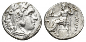 KINGS OF MACEDON. Alexander III 'the Great' (336-323 BC). AR Drachm. Kolophon.
Obv: Head of Herakles right, wearing lion skin.
Rev: AΛEΞANΔPOY.
Zeus s...