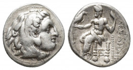 KINGS OF MACEDON. Alexander III 'the Great' (336-323 BC). AR Drachm. Side.
Obv: Head of Herakles right, wearing lion skin.
Rev: AΛEΞANΔPOY.
Zeus seate...