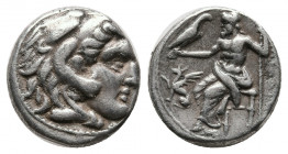 KINGS OF MACEDON. Alexander III 'the Great' (336-323 BC). AR Drachm. Teos.
Obv: Head of Herakles right, wearing lion skin.
Rev: [AΛΕΞΑΝΔΡΟΥ].
Zeus sea...