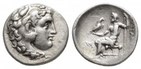 KINGS OF MACEDON. Alexander III 'the Great' (336-323 BC). AR Drachm.Uncertain mint.
Obv: Head of Herakles right, wearing lion skin.
Rev: [AΛΕΞΑΝΔΡΟΥ]....