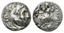 KINGS OF MACEDON. Alexander III 'the Great' (336-323 BC). AR Drachm.
Obv: Head of Herakles right, wearing lion skin.
Rev: AΛEΞANΔPOY.
Zeus Aëtophoros ...