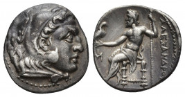 KINGS OF MACEDON. Alexander III 'the Great' (336-323 BC). AR Drachm. Miletos.
Obv: Head of Herakles right, wearing lion skin.
Rev: AΛEΞANΔPOY.
Zeus se...