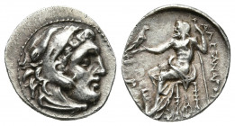 KINGS OF MACEDON. Alexander III 'the Great' (336-323 BC). AR Drachm.
Obv: Head of Herakles right, wearing lion skin.
Rev: AΛEΞANΔPOY.
Zeus seated left...