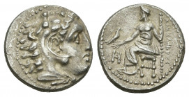 KINGS OF MACEDON. Alexander III 'the Great' (336-323 BC). AR Drachm. Miletos.
Obv: Head of Herakles right, wearing lion skin.
Rev: [AΛEΞANΔPOY].
Zeus ...