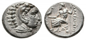 KINGS OF MACEDON. Alexander III 'the Great' (336-323 BC). AR Drachm. Lampsakos.
Obv: Head of Herakles right, wearing lion skin.
Rev: AΛEΞANΔPOY.
Zeus ...