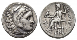 KINGS OF MACEDON. Alexander III 'the Great' (336-323 BC). AR Drachm. Kolophon.
Obv: Head of Herakles right, wearing lion skin.
Rev: AΛΕΞΑΝΔΡΟΥ.
Zeus s...