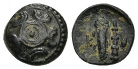 KINGS OF MACEDON. Alexander III 'the Great' (336-323 BC). Ae. Uncertain mint in Asia Minor.
Obv: Macedonian shield.
Rev: K.
Bow in bow-case, club and ...