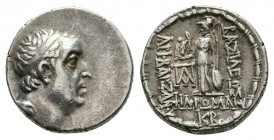 KINGS OF CAPPADOCIA. Ariobarzanes I Philoromaios (Circa 95-63 BC). AR Drachm. Eusebeia under Mt. Argaios. Dated RY 42 (74/3 BC). 
Obv: Diademed head r...