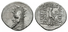 KINGS OF PARTHIA. Rhagae. Sinatrukes(93-69 BC). AR Drachm.
Obv: Diademed and draped bust of Sinatrukes to left, wearing tiara decorated with hornand s...