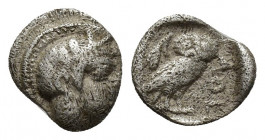 ATTICA. Athens (Circa 454-404 BC). AR Obol
Obv: Helmeted head of Athena right.
Rev: AΘE.
Owl standing right, head facing; olive sprig and crescent to ...