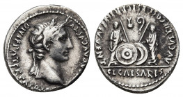 Augustus, 27 BC - AD 14. AR, Denarius. Lugdunum. 
Obv: CAESAR AVGVSTVS DIVI F PATER PATRIAE.
Laureate head of Augustus, right.
Rev: AVGVSTI F COS DESI...