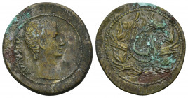 Augustus, 27 BC – 14 AD. AE, Dupondius. Pergamum, or Ephesos.
Obv: AVGVSTVS.
Bare head of Augustus, right.
Rev: Large C A within laurel wreath with...