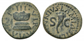Augustus, 27 BC-14 AD. AE, Quadrans. Rome. Lamia, Silius and Annius, moneyers.
Obv: III VIR A A A F F, garlanded altar with bowl-shaped top.
Rev: LA...